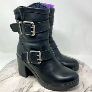 Steve Madden Coinon Black Leather Buckle Details Platform Moto Boots 7 Grunge